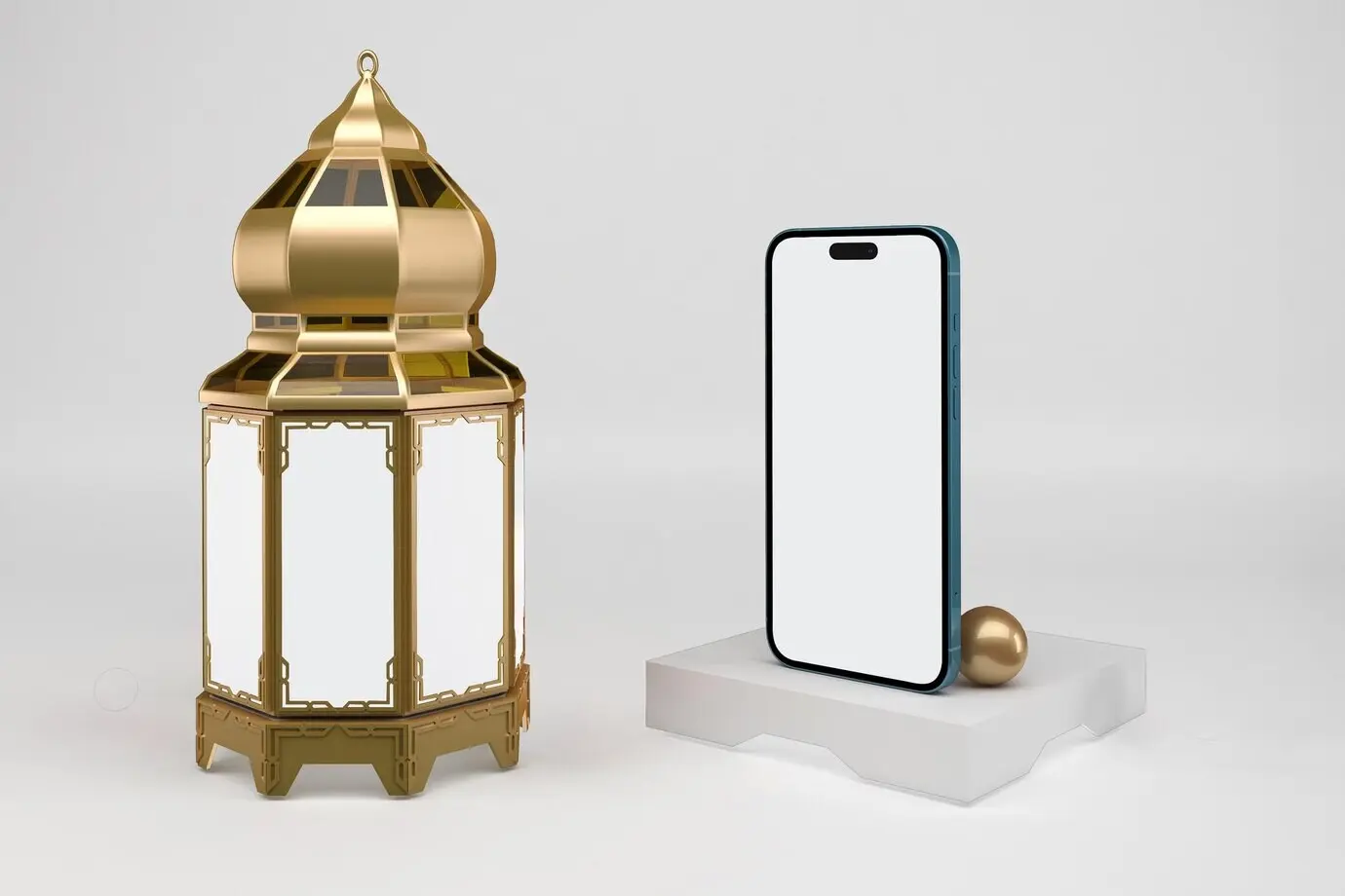 A white background with a lantern and the Ramadan Phone 14 app on the right side.